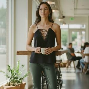 NWT Wayf Black Lace-Up Camisole Top